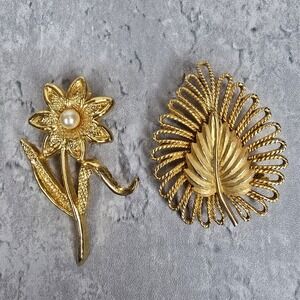Vintage Gold Tone Brooch Lot Floral Pearl & Leaf Swirl Statement Pins Retro